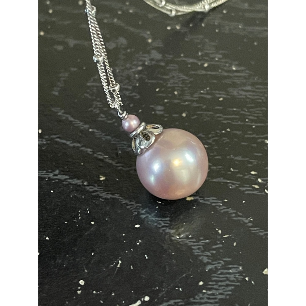 925 Sterling Silver Dainty Satellite Chain Pink Faux Pearl Pendant Necklace - Picture 5 of 7